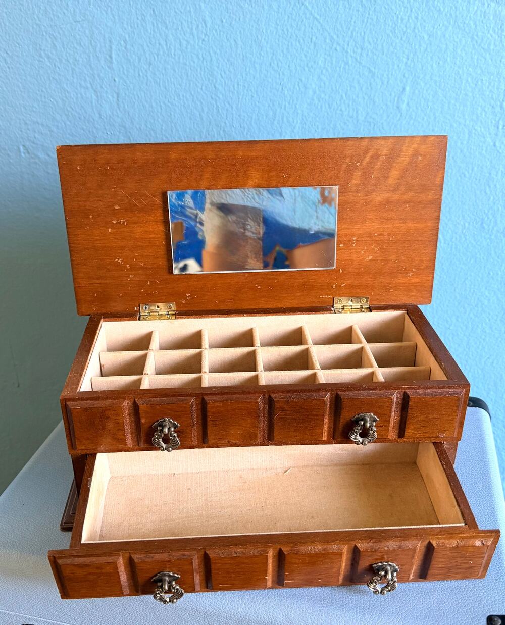 Vintage 1970s Wooden Jewelry Box 11x4 Mid Multi Compartment Ring Organizer